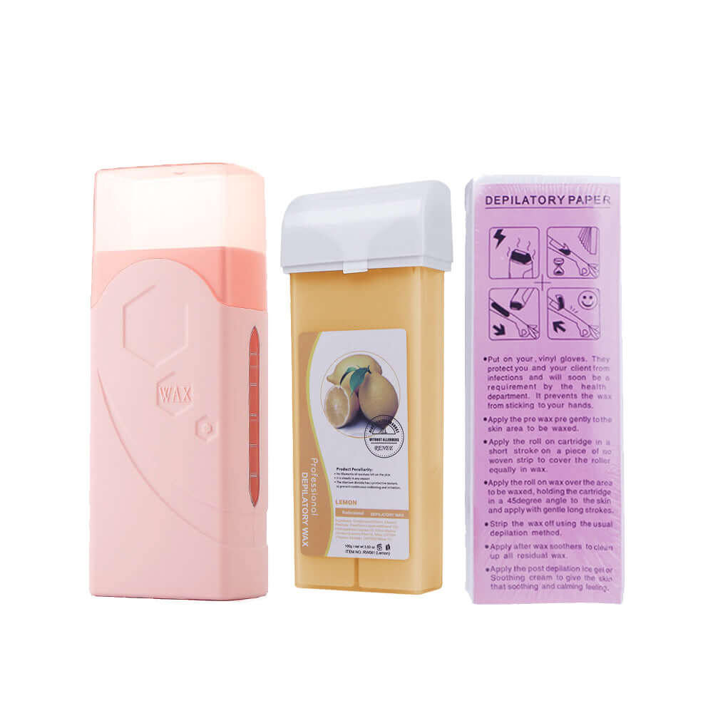 Depilatory Wax Heater - Smooth, Hair-Free Skin with pink wax warmer and depilatory strips for easy hair removal.