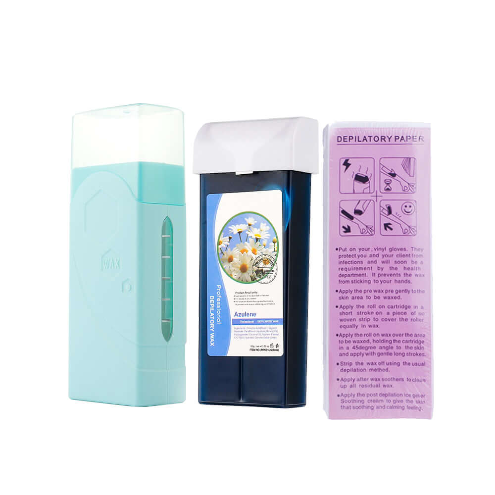 Depilatory Wax Heater - Smooth, Hair-Free Skin shown with wax cartridge and depilatory paper.