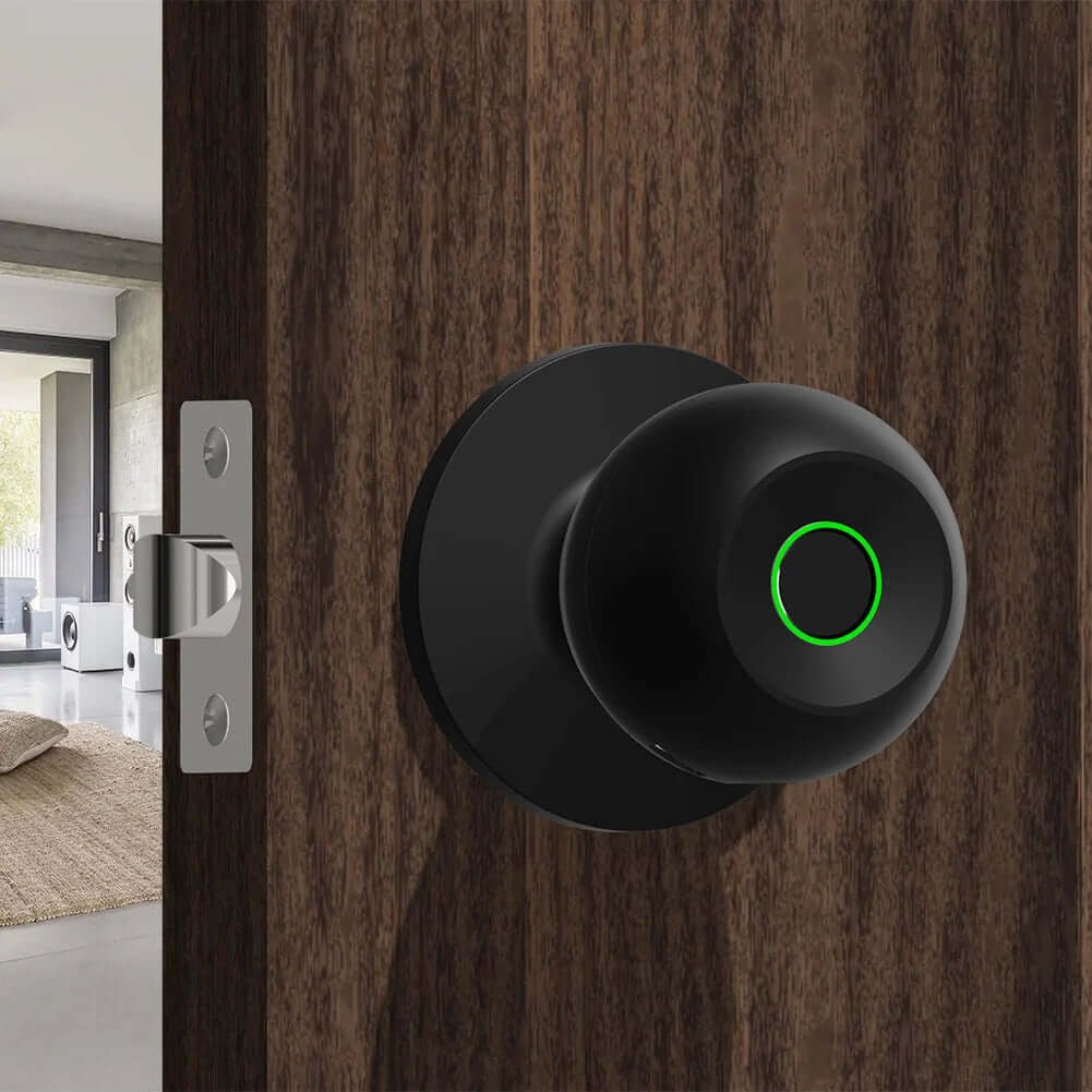 Smart Door Knob - Keyless Entry Lock on a wooden door with a modern interior in the background.
