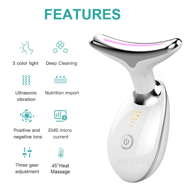 Neck Face Beauty EMS Facial Lifting Device features including 3 color light, ultrasonic vibration, and 45±5℃ heat massage.