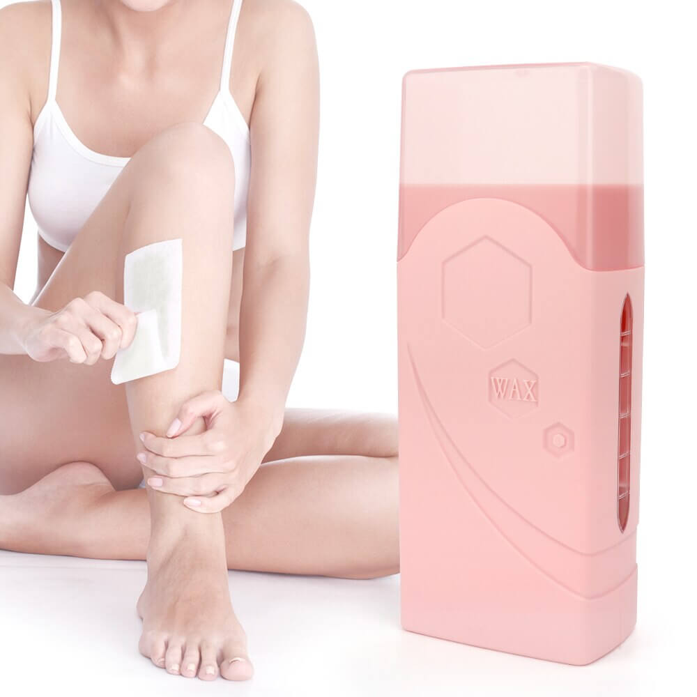 Depilatory Wax Heater - Smooth, Hair-Free Skin with a user applying wax on her leg.