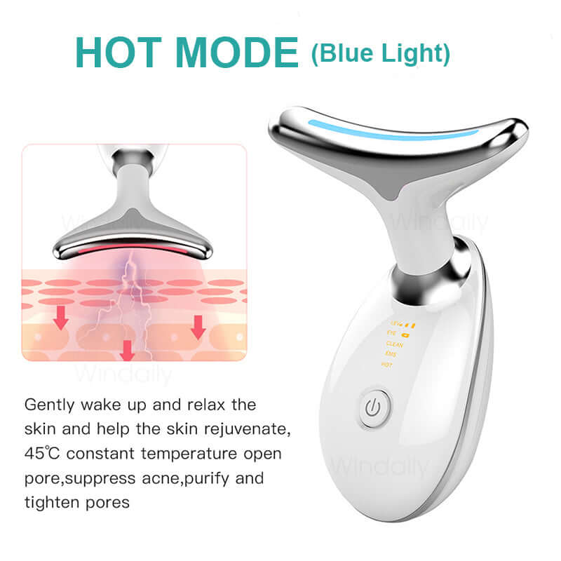 Image of Neck Face Beauty EMS Facial Lifting Device in hot mode, showcasing blue light therapy for skin rejuvenation.