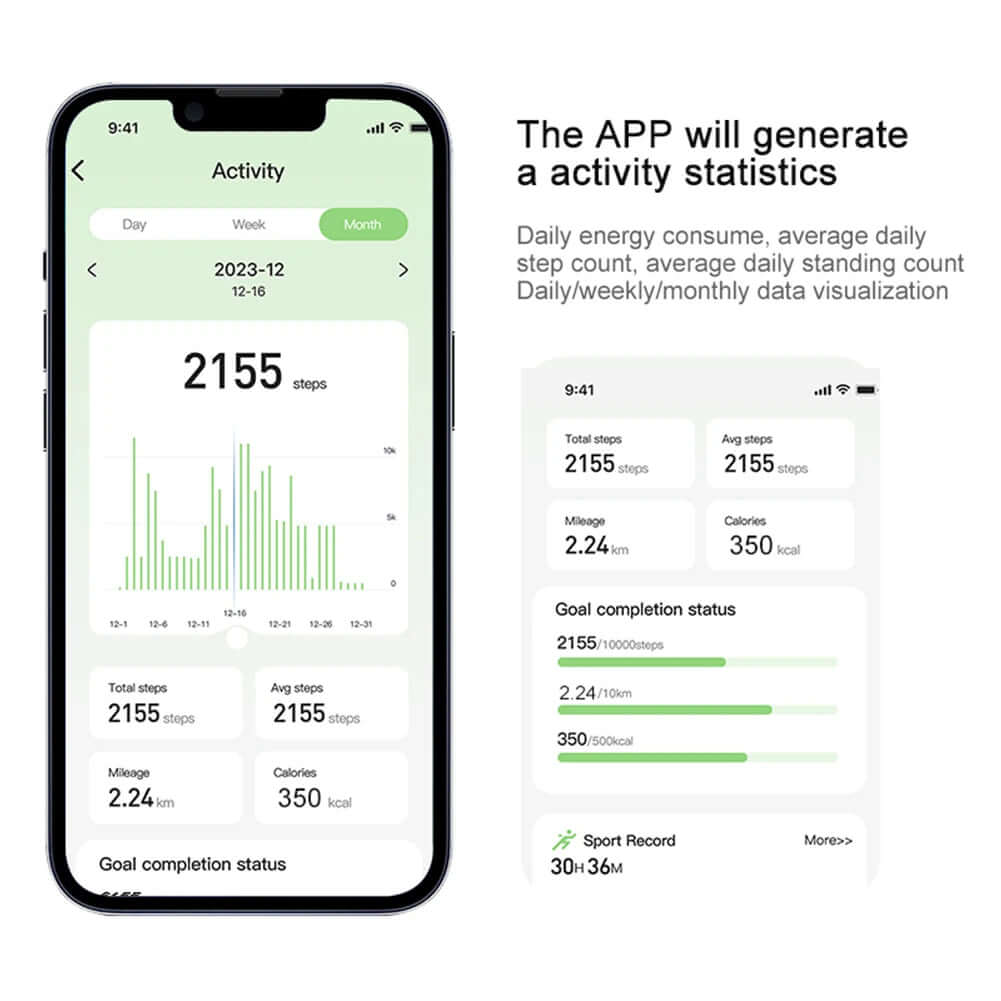 Smart Ring - Transform Your Fitness Journey app activity statistics screen showing daily step count and energy consumption.