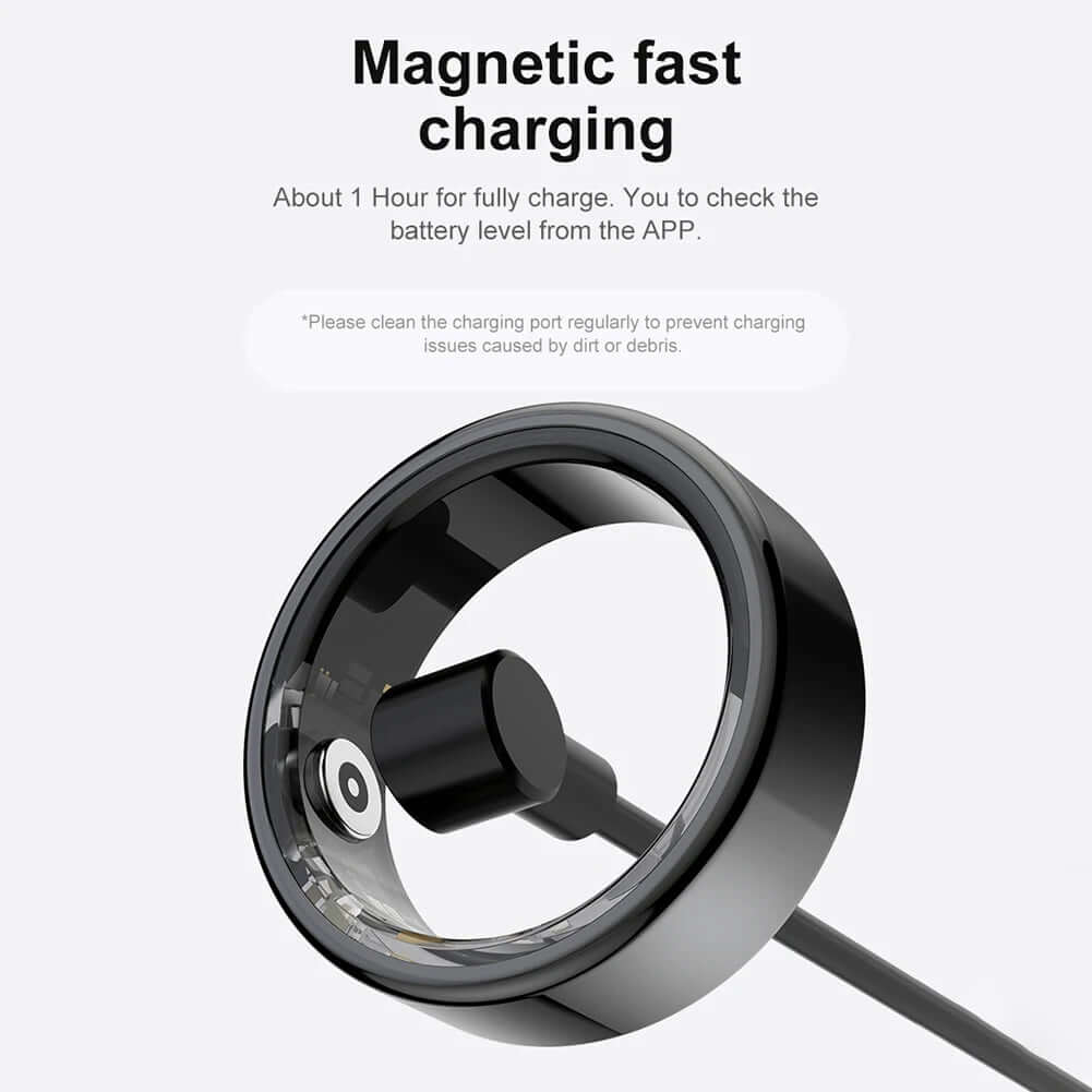 Smart Ring - Transform Your Fitness Journey magnetic fast charging dock with battery indicator and cleaning instructions.