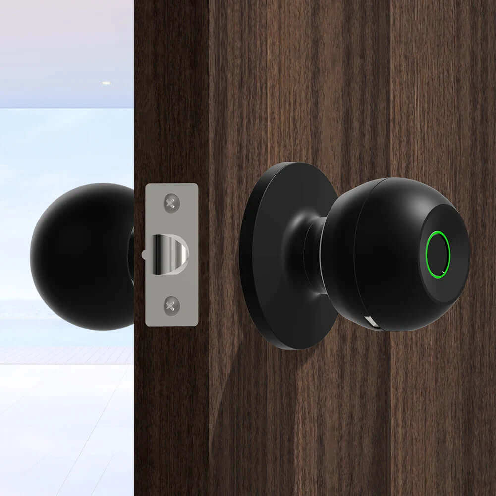 Smart Door Knob - Keyless Entry Lock on a wooden door with a sleek design and modern technology.
