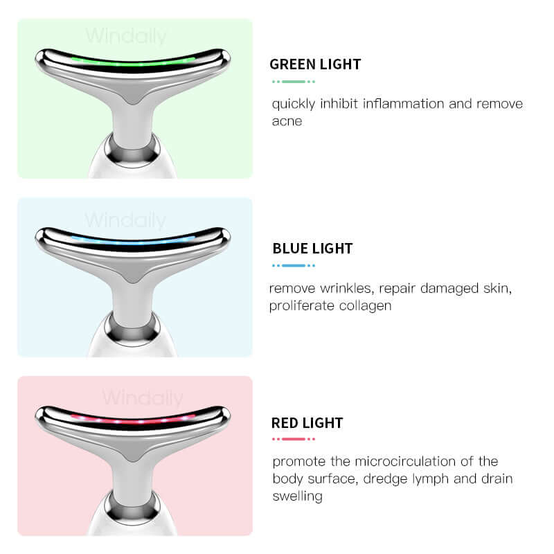 Neck Face Beauty EMS Facial Lifting Device with green, blue, and red light therapy for various skin benefits.