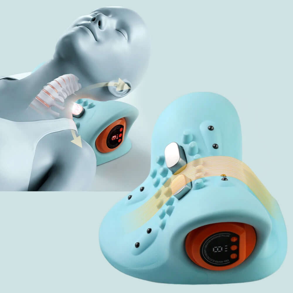 EMS Cervical Massager Stretcher for neck pain relief and relaxation, ergonomic design with control panel.