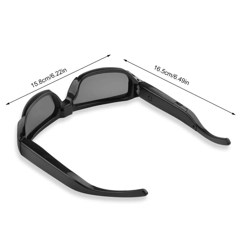 1080P HD Camera Sunglasses- Never Miss a Moment Again with dimensions displayed in inches.