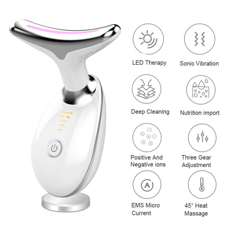 Neck Face Beauty EMS Facial Lifting Device with LED therapy, sonic vibration, and 45° heat massage features.