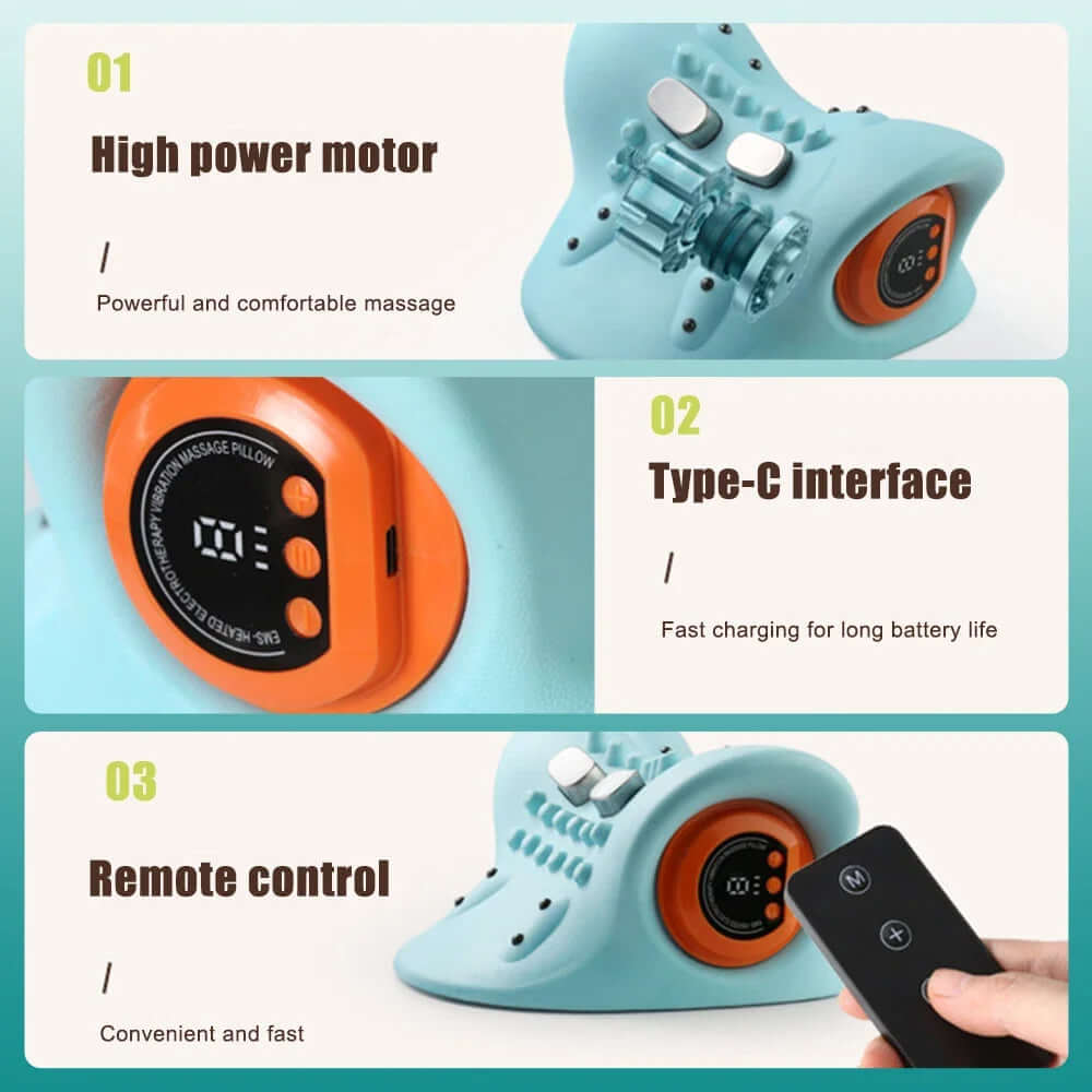 EMS Cervical Massager Stretcher features high power motor, Type-C interface, and remote control for convenience.