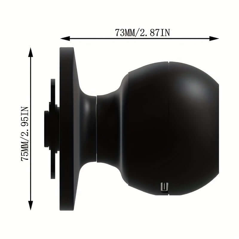 Smart Door Knob - Keyless Entry Lock side view showing dimensions 73mm x 75mm for secure access and modern design