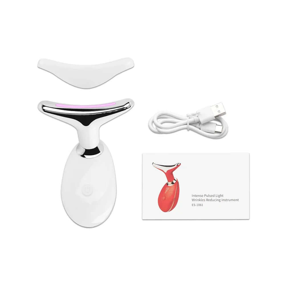 Neck Face Beauty EMS Facial Lifting Device with massager, USB cable, and user manual.