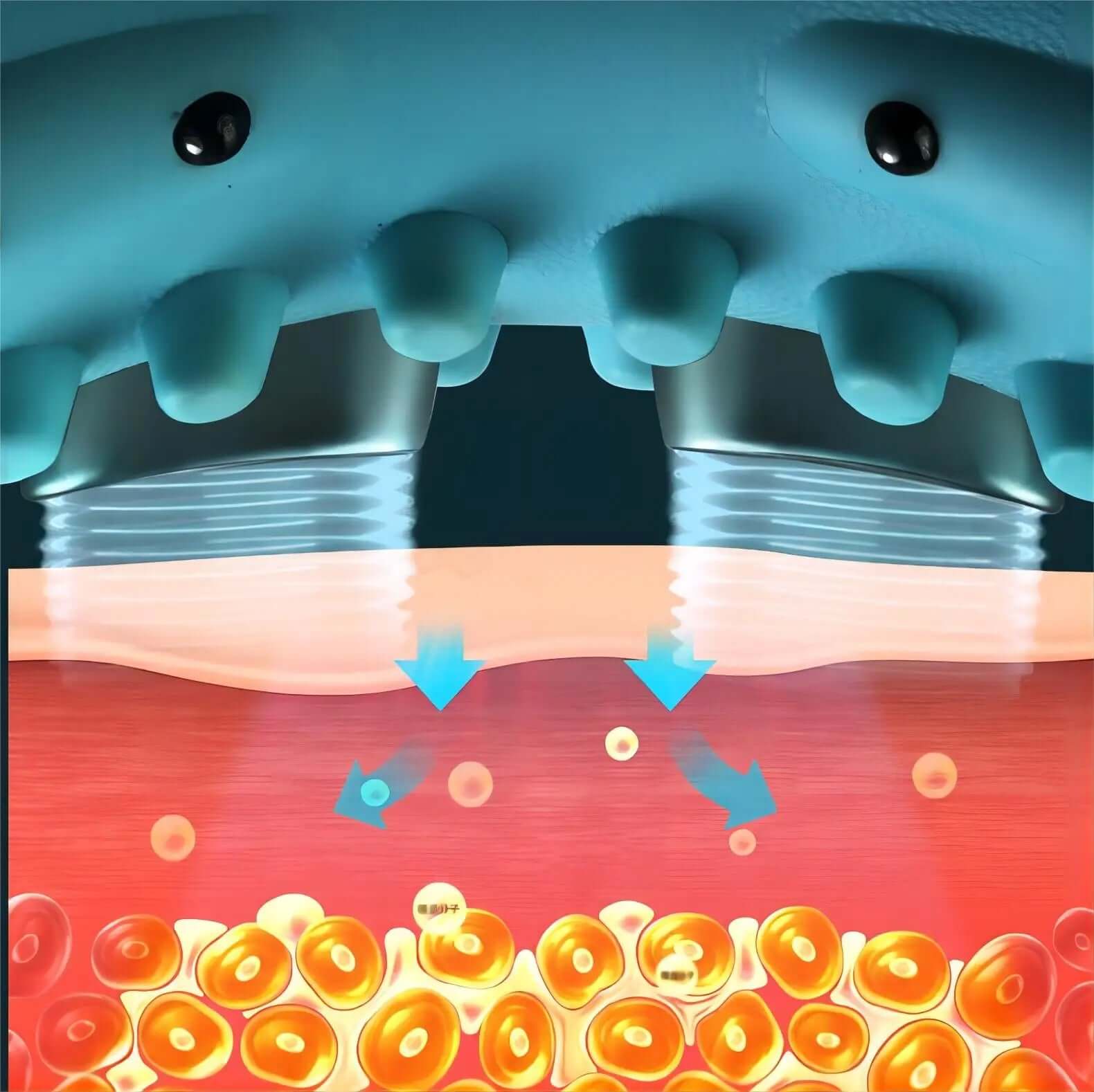 Close-up image of the EMS Cervical Massager Stretcher demonstrating its therapeutic technology on skin layers.