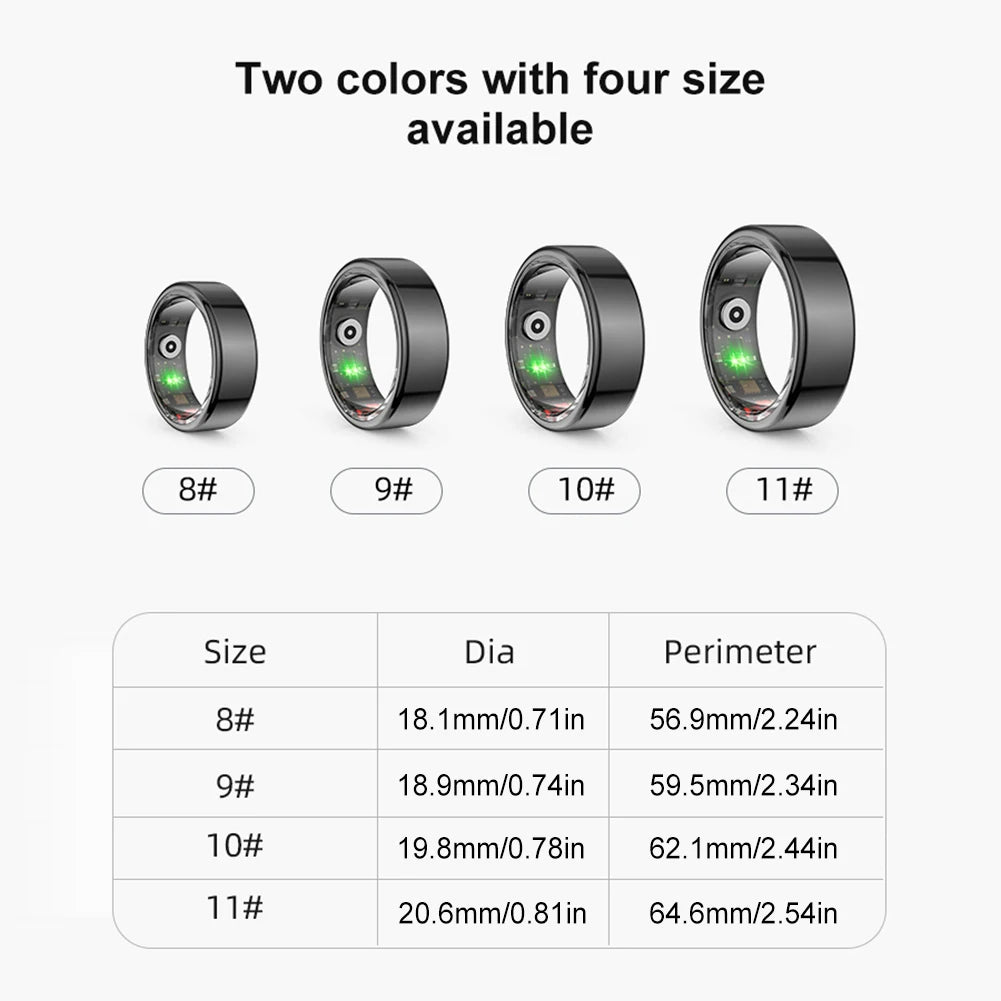 Smart Ring - Transform Your Fitness Journey shown in four sizes and two colors for personalized fitness tracking.