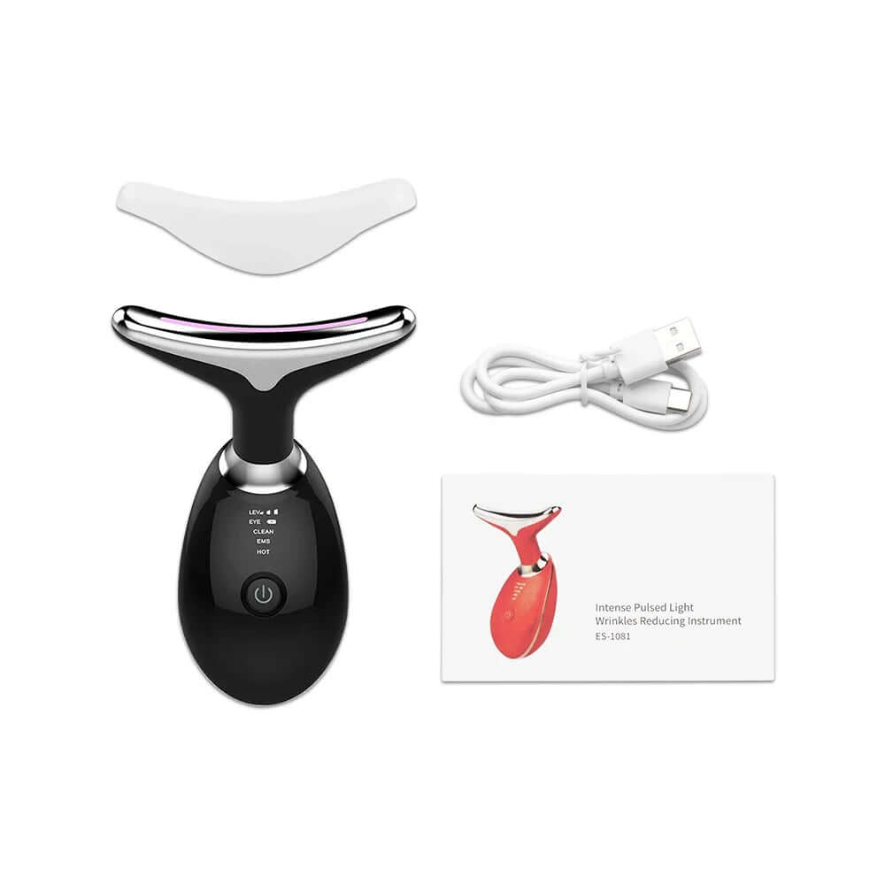 Neck Face Beauty EMS Facial Lifting Device with accessories, including charger and user manual, for skin rejuvenation.
