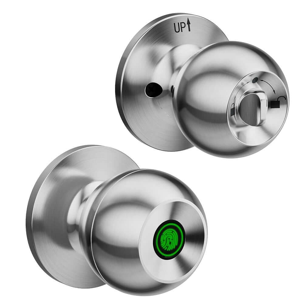 Smart Door Knob - Keyless Entry Lock with fingerprint sensor and stainless steel design.