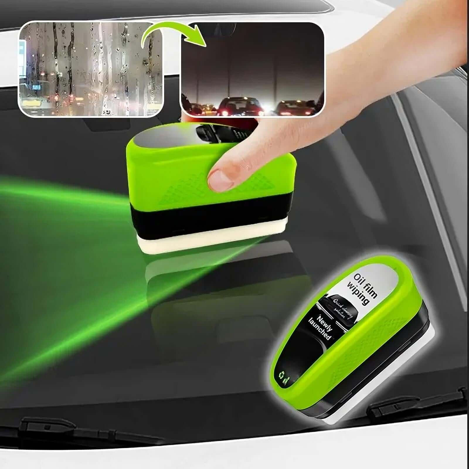 Green Oil Film Wipe - for sparkling, crystal-clear surfaces used on a foggy windshield.
