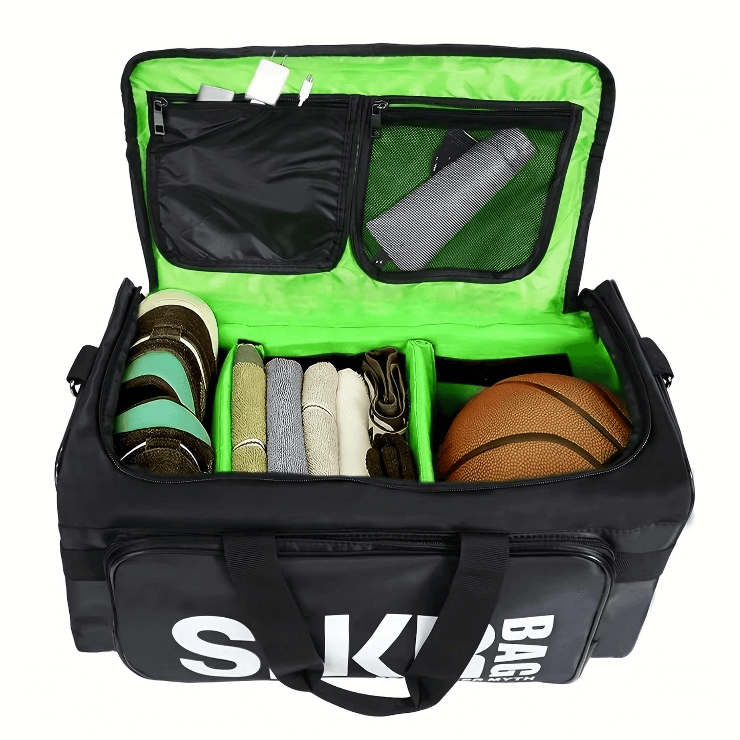 Ultimate Sports Bag for Athletes- Organize your Gear with compartments for sneakers, towels, and a basketball.