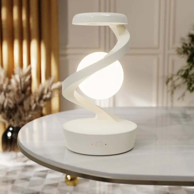 Levitating Ball Lamp with Wireless Charger displayed on a table in a modern living room setting.