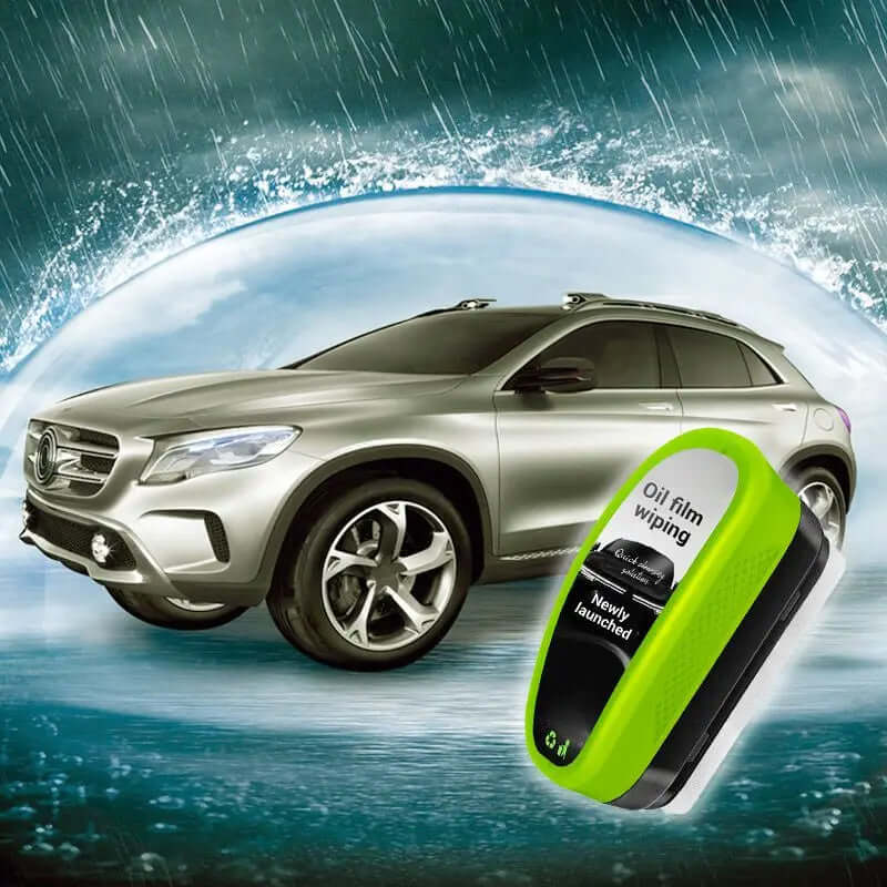 Green Oil Film Wipe - for sparkling, crystal-clear surfaces next to a car in a rain background.