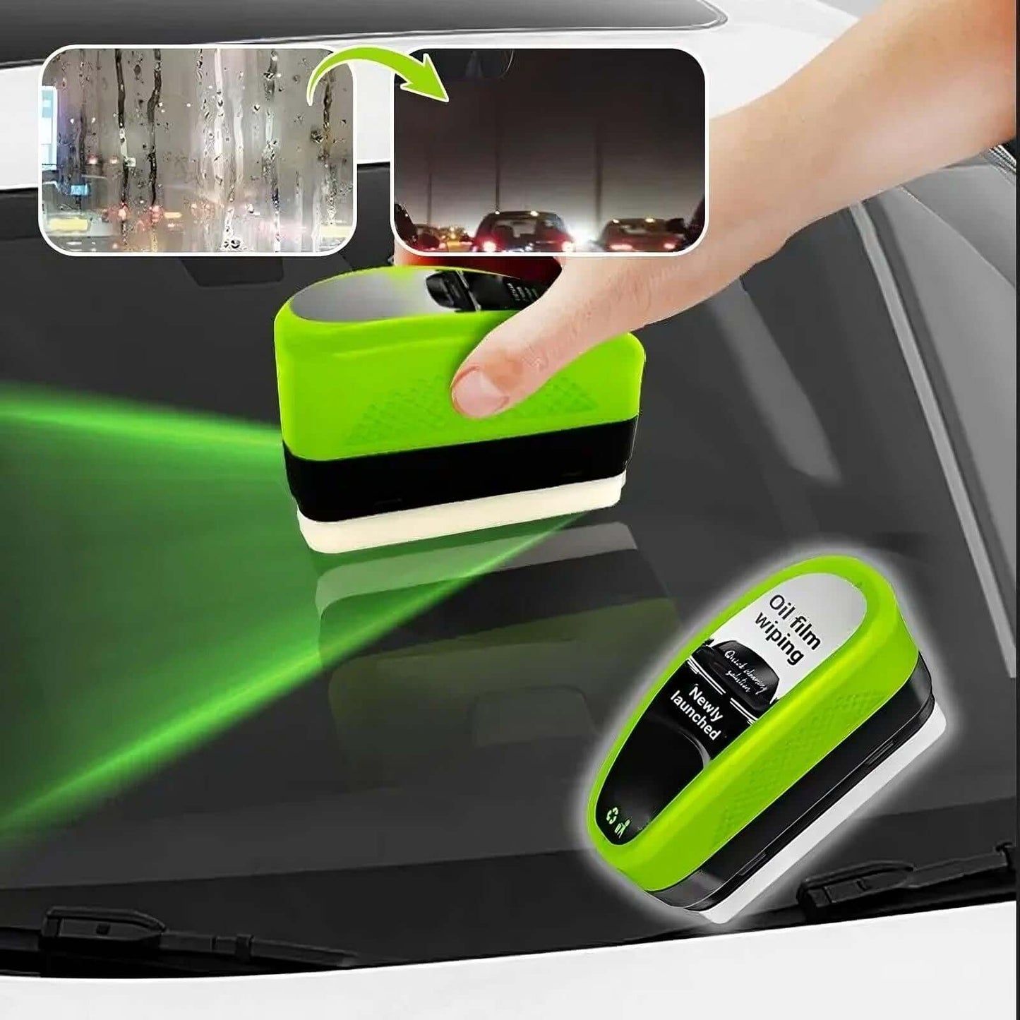 Green Oil Film Wipe - for sparkling, crystal-clear surfaces used on a foggy windshield.