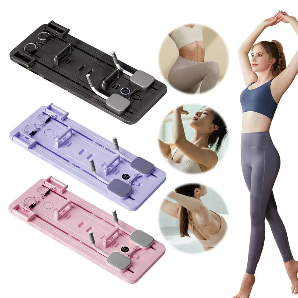 Multifunctional Abdominal Board in black, purple, and pink with women exercising, showcasing versatile core training.