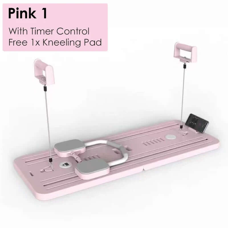 Multifunctional Abdominal Board in pink color featuring timer control and kneeling pad for versatile workouts.