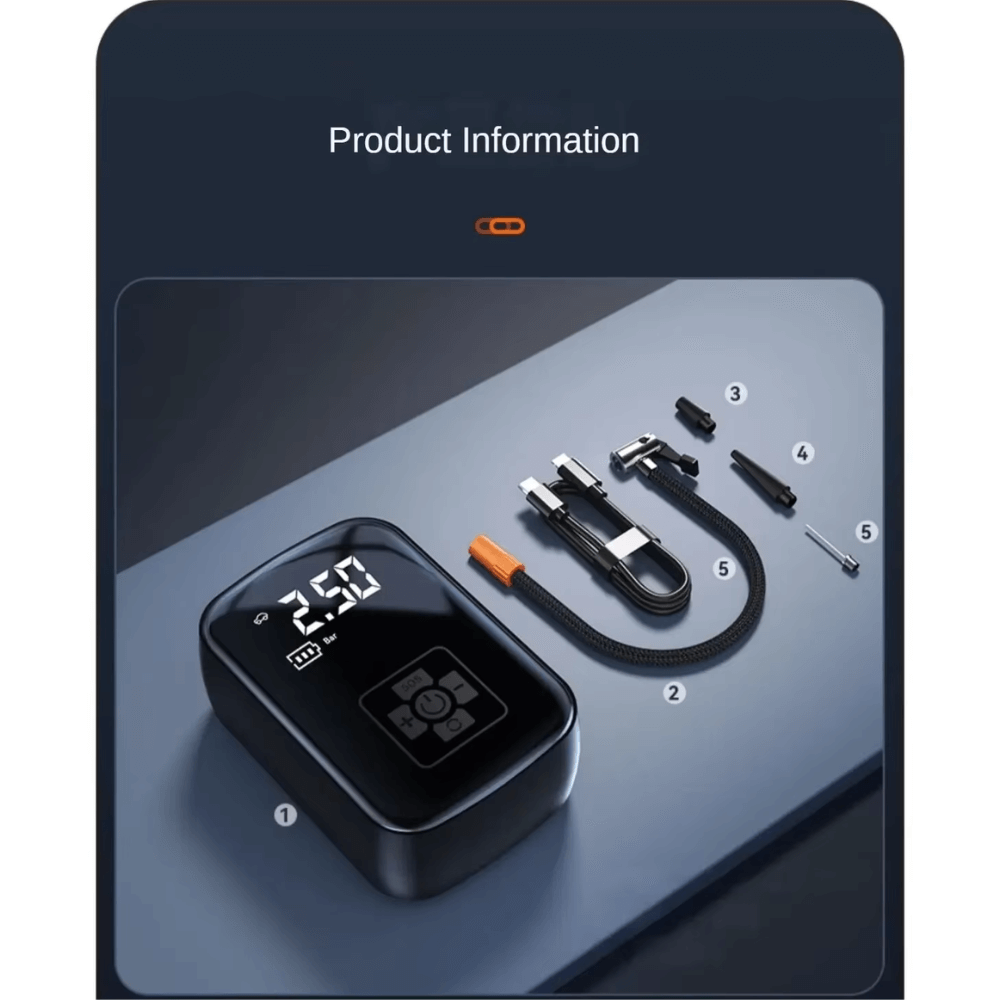 Portable Tire Inflation Pump - On-the-Go Inflation product information with display and included accessories.