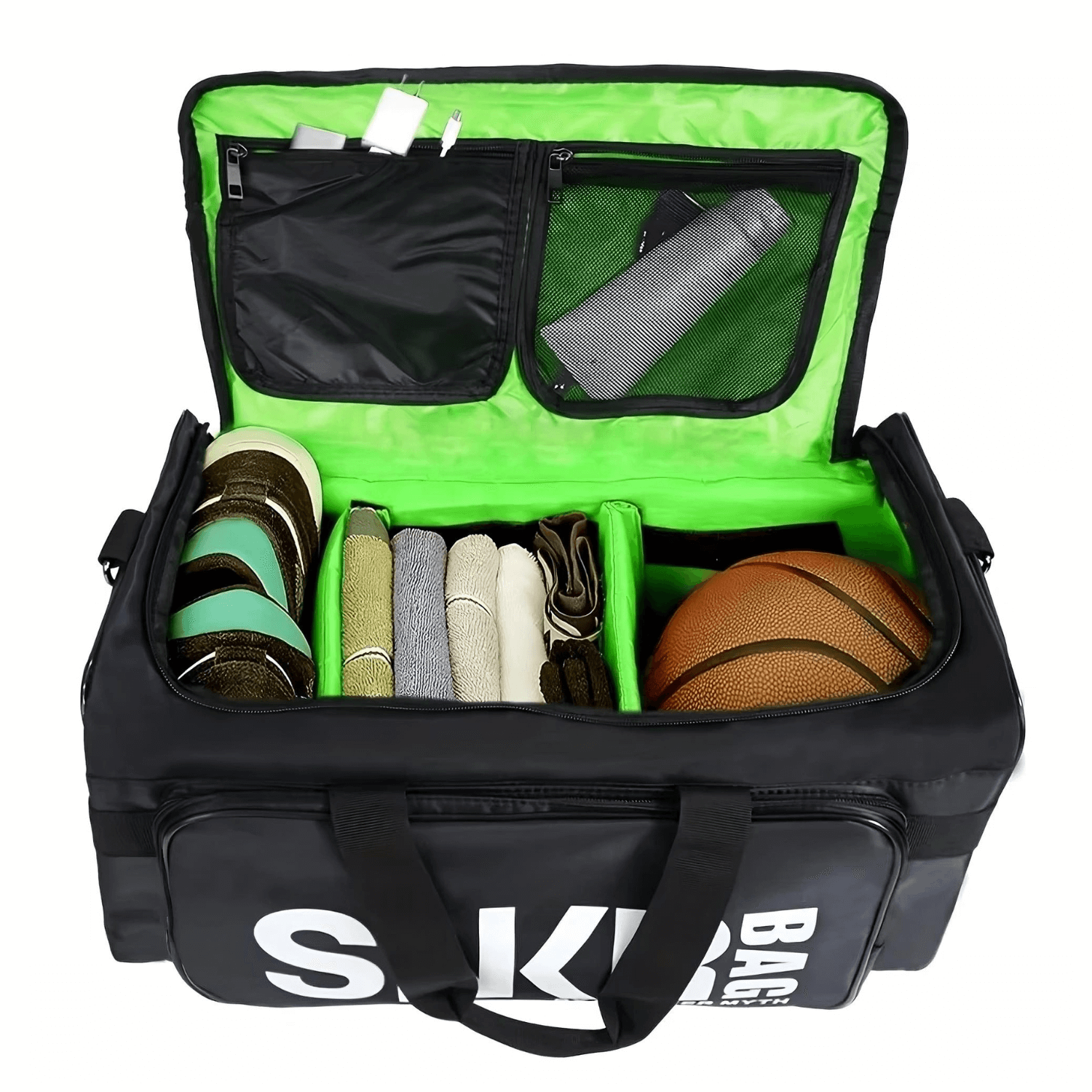 Ultimate Sports Bag for Athletes- Organize your Gear with compartments for sneakers, towels, and a basketball.