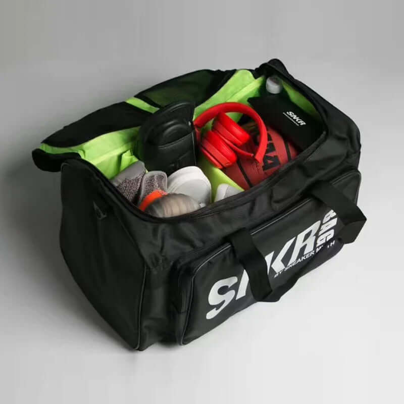 Ultimate Sports Bag for Athletes- Organize your Gear filled with shoes, headphones, and accessories.