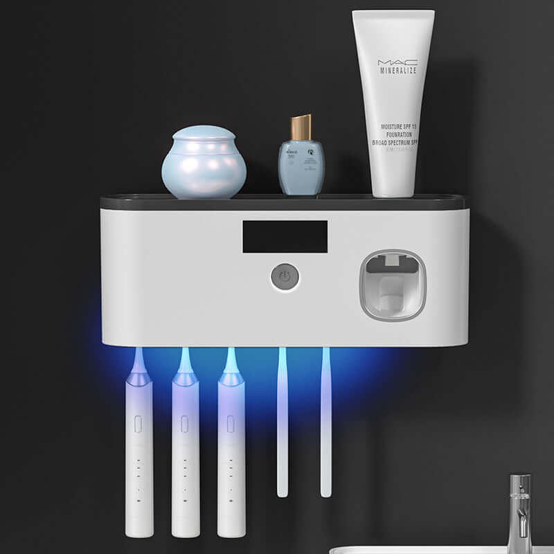 UV toothbrush storage rack - Wall Mounted with toothbrushes and cosmetic products displayed.