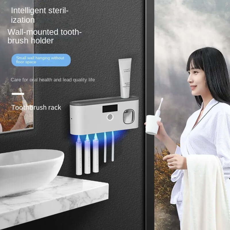 UV toothbrush storage rack - Wall Mounted, featuring intelligent sterilization and space-saving design in a modern bathroom setting.
